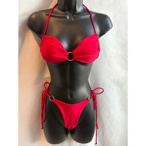 Two Piece Halter Red Bikini Gold Ring Details Size S Sexy Beach Pool Feminine